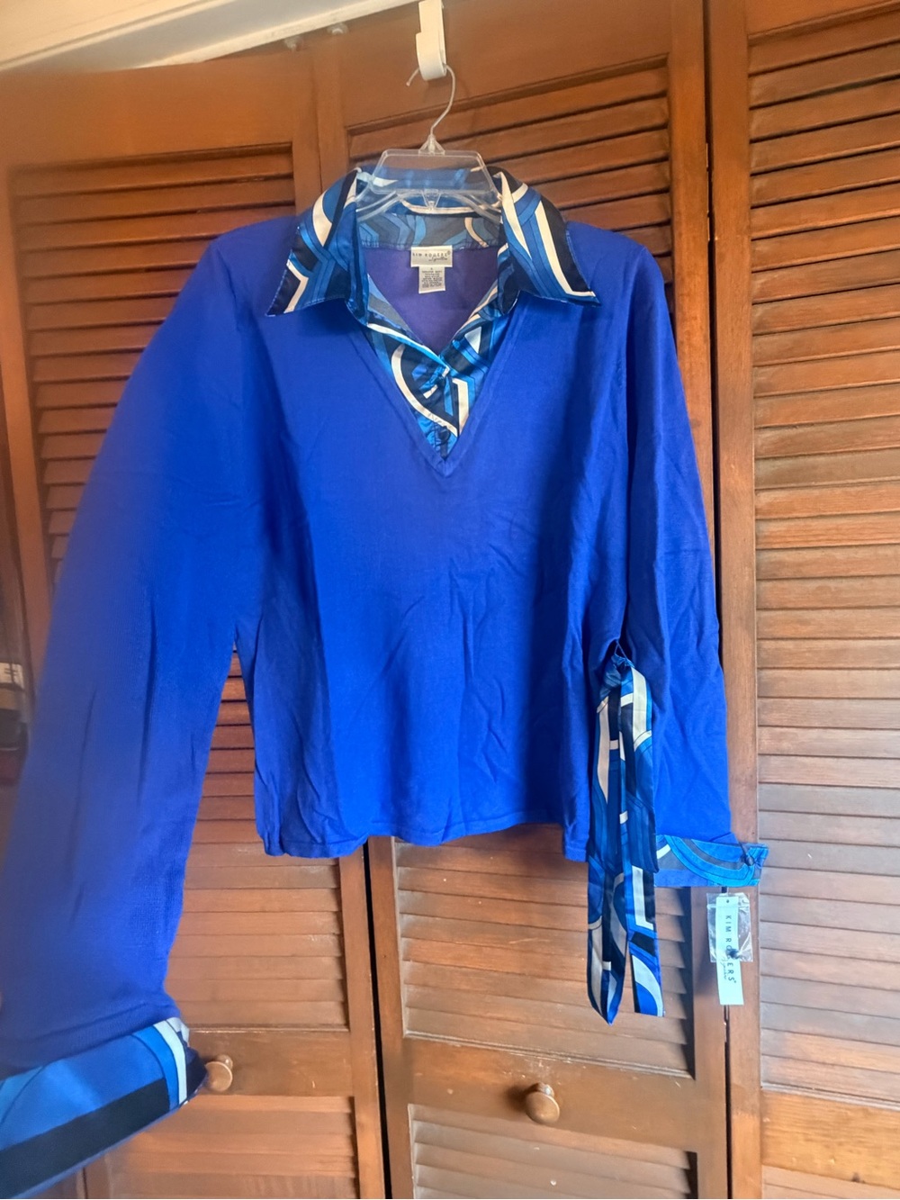 Kim Rogers Royal Blue V-Neck Tunic with Striped Collar & Cuffs
